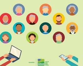 Desenho de rostos de pessoas em fundo bege, abaixo e à esquerda, um computador e à direita, um celular