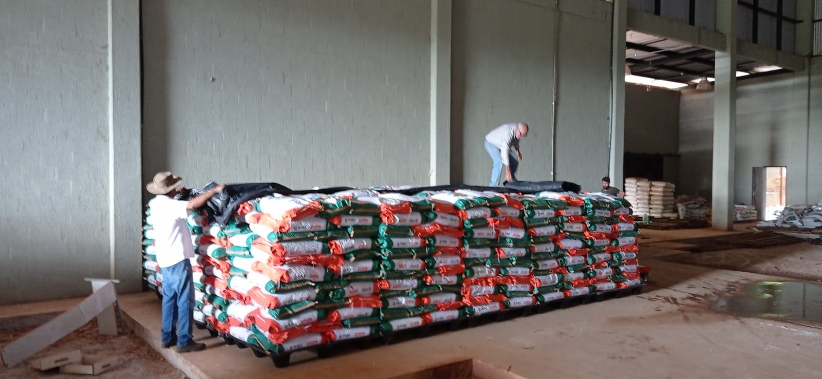 Saca com sementes de milho empilhadas