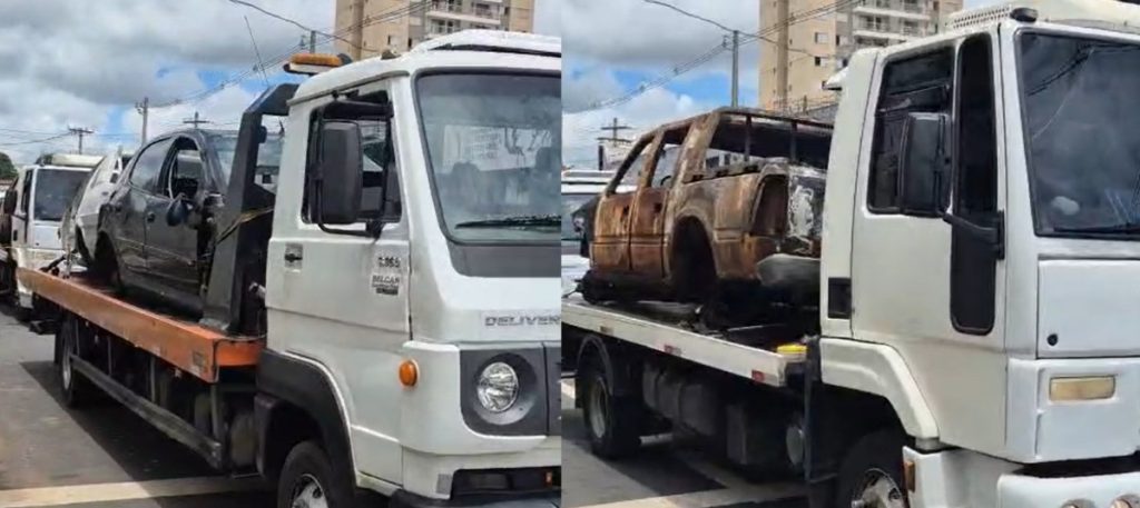 Patrulha Detran recolhe carcaças e veículos abandonados em Goiânia - Carcaça de veículos em caminhão do Detran