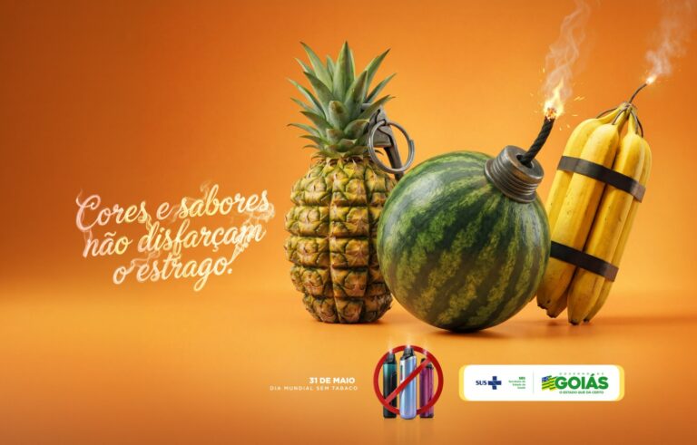 Saúde alerta sobre riscos do tabagismo e importância do controle da pressão arterial - Arte com frutas em formato de bombas e granadas reforçando risco dos