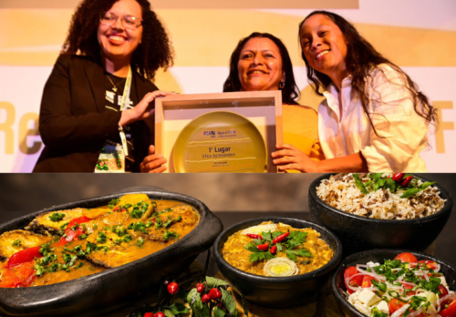 Bistrô Fênix vence Fica Gastronômico com Moqueca do Cerrado - proprietárias do restaurante segurando trófeu de primeiro ligar ao lado da secretária Yara Nunes