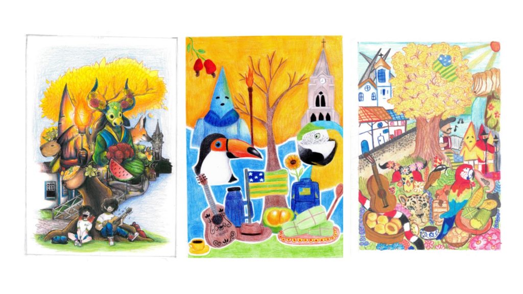 Desenhos produzidos por estudantes vencedores do Concurso de Desenhos
